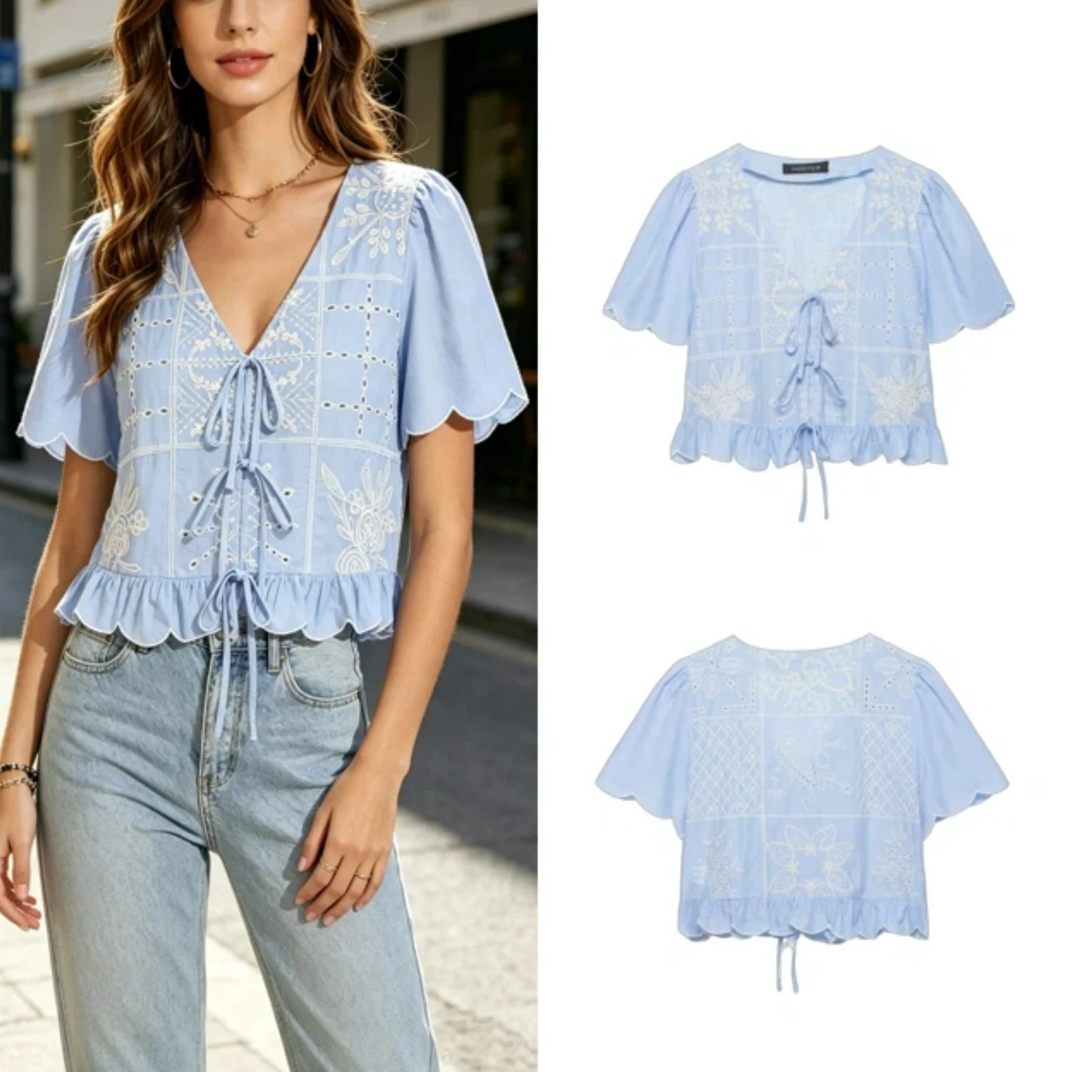 Fashion Cropped Blue Lace Blouse 2026 Summer Women's Sweet Sexy Short Sleeve Elegant Camisole Top Femme Tops
Fashion Cropped Blue Lace Blouse 2026 Summer Women's Sweet Sexy Short Sleeve Elegant Camisole Top Femme Tops