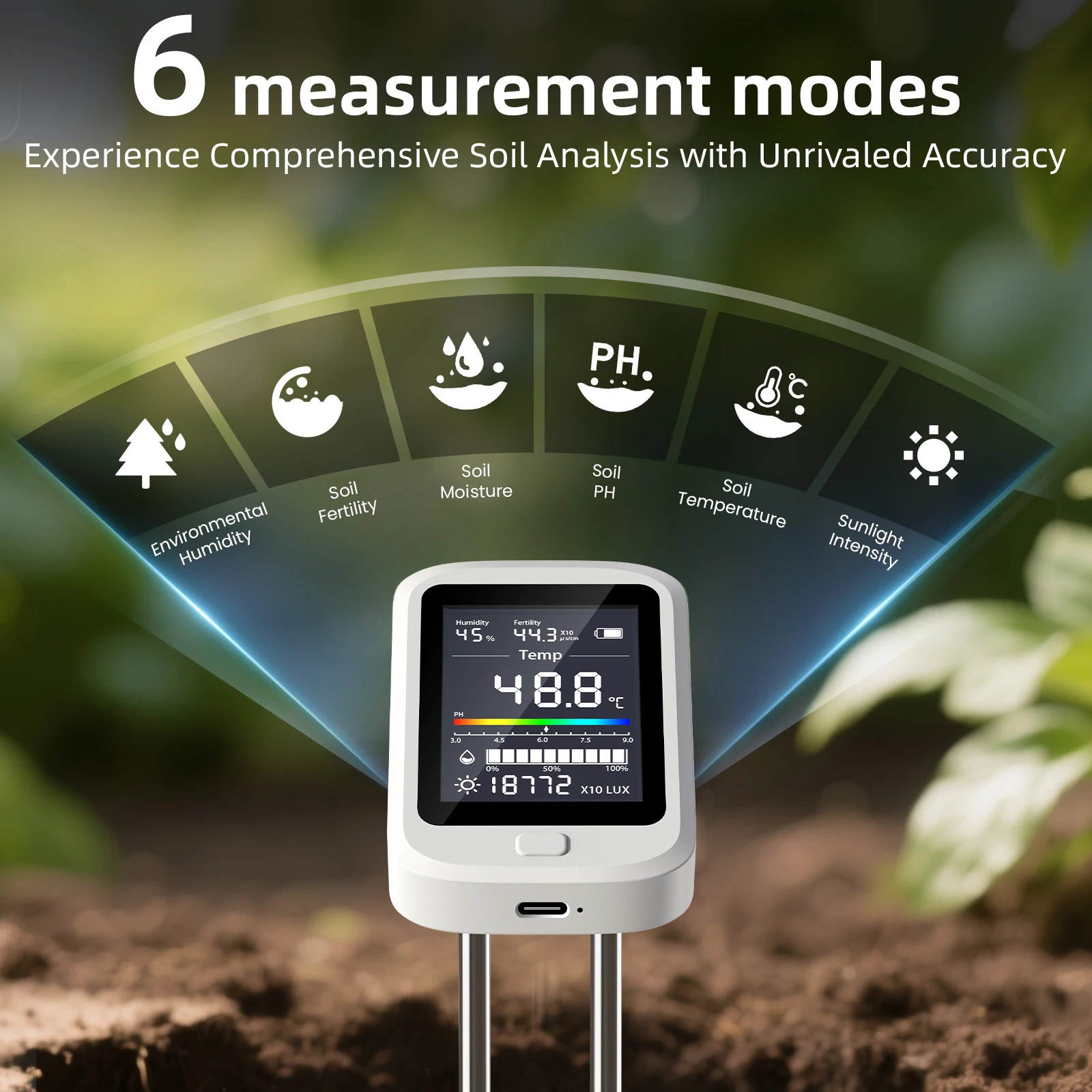 6-in-1 Soil PH Tester Celsius Double Needle High-precision Fertility Detector Rechargeable Moisture Light Garden Soli Analyzer
6-in-1 Soil PH Tester Celsius Double Needle High-precision Fertility Detector Rechargeable Moisture Light Garden Soli Analyzer