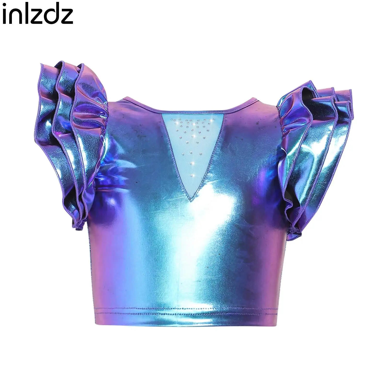 Metallic Layered Ruffled Sleeve Crop Top Girls Keyhole Back Hip Hop Street Dance Top Kids Figure Skating Lyrical Dance Costume
Metallic Layered Ruffled Sleeve Crop Top Girls Keyhole Back Hip Hop Street Dance Top Kids Figure Skating Lyrical Dance Costume