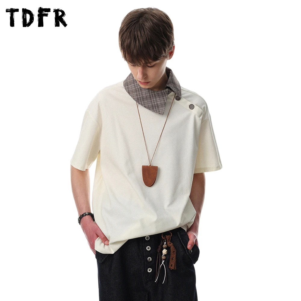 Patchwork Lapel Short Sleeve T-shirt Mens Button Decoration Summer Retro Casual Loose Half-Sleeve Tee Man
Patchwork Lapel Short Sleeve T-shirt Mens Button Decoration Summer Retro Casual Loose Half-Sleeve Tee Man