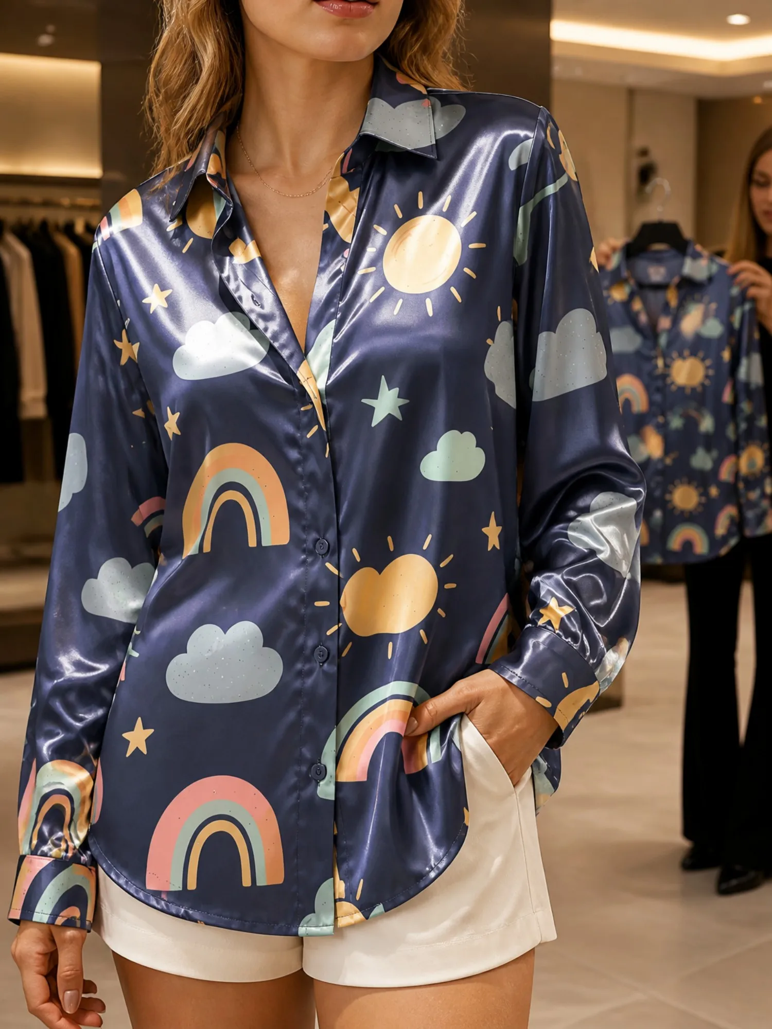 Navy Rainbow Satin Blouse for Women Long Sleeve Button Down Shirt Boutique Lounge Vacation Cute Silky Casual Summer Top Look Fun
Navy Rainbow Satin Blouse for Women Long Sleeve Button Down Shirt Boutique Lounge Vacation Cute Silky Casual Summer Top Look Fun