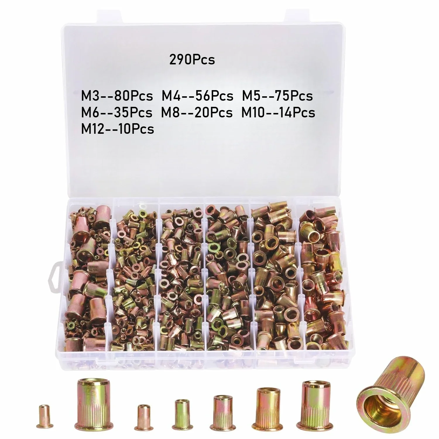290Pcs Rivet Nut Metric Rivet Nut Assortment Kit Set M3 M4 M5 M6 M8 M10 M12 Carbon Steel Flat Head Threaded Insert Tool
290Pcs Rivet Nut Metric Rivet Nut Assortment Kit Set M3 M4 M5 M6 M8 M10 M12 Carbon Steel Flat Head Threaded Insert Tool
