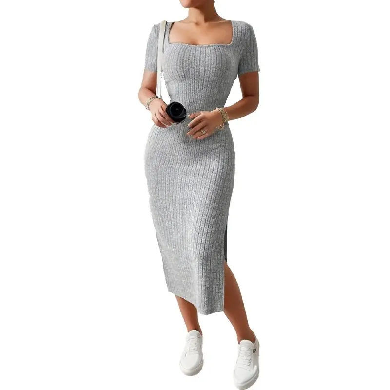 New Women's Sweater Long Dress Short Sleeve Square Neck Bodycon Split Thigh Ribbed Solid Color Knit Midi Dress Women
New Women's Sweater Long Dress Short Sleeve Square Neck Bodycon Split Thigh Ribbed Solid Color Knit Midi Dress Women