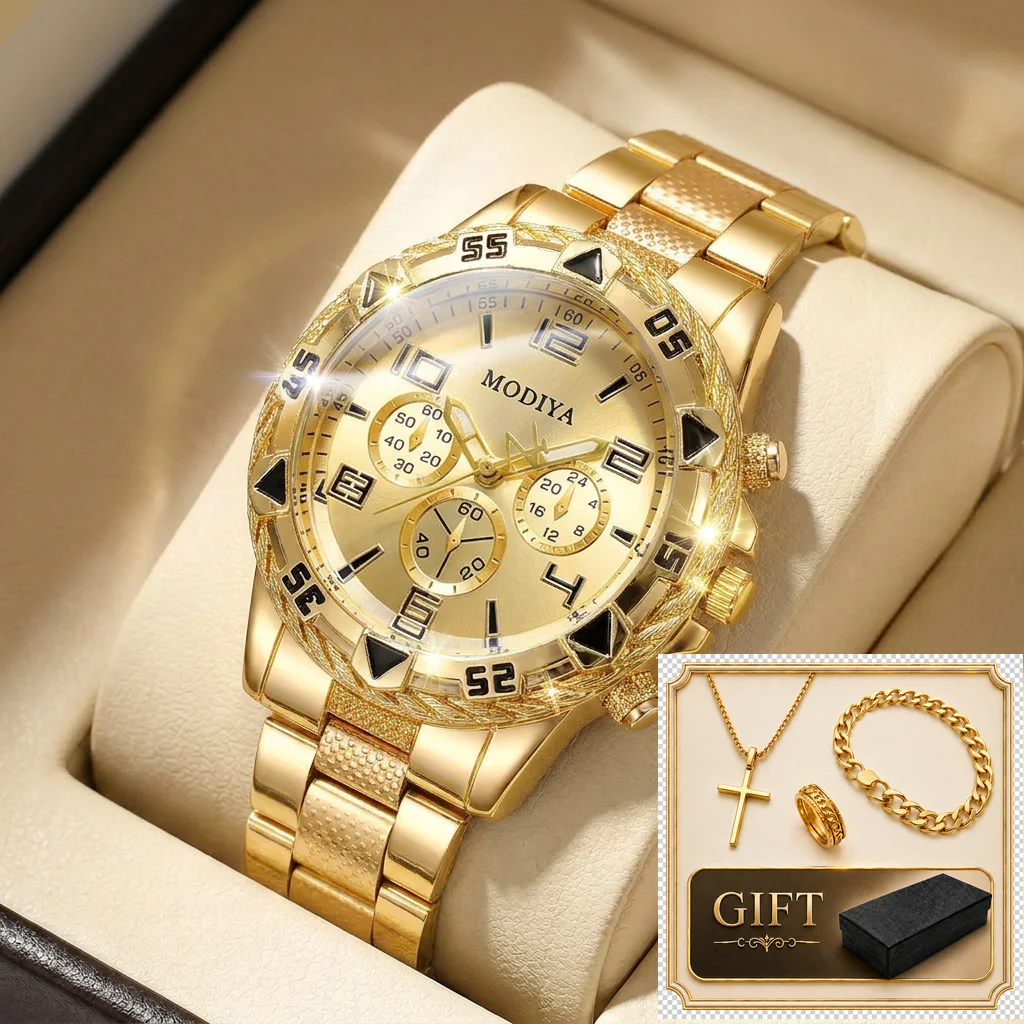 4pcs gift box set Men's gold dial alloy strap fashion jewelry details Quartz Watch Gift Box Set for party holiday
4pcs gift box set Men's gold dial alloy strap fashion jewelry details Quartz Watch Gift Box Set for party holiday