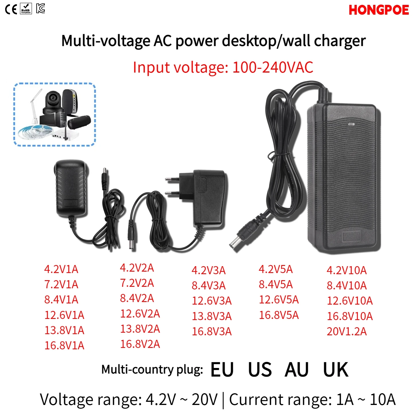 Full Series CE LiFePO4 Charger 4.2V-33.6V/1A-10A Wall/Desktop EU/US/AU/UK Plug for Batteries, CCTV & Consumer Elec. and Devices
Full Series CE LiFePO4 Charger 4.2V-33.6V/1A-10A Wall/Desktop EU/US/AU/UK Plug for Batteries, CCTV & Consumer Elec. and Devices