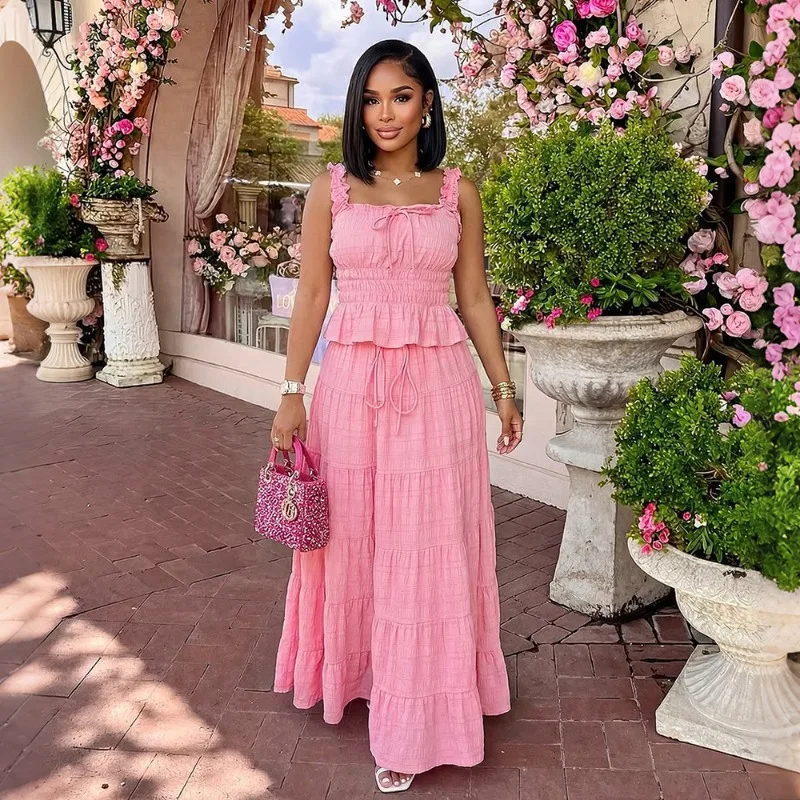 Ruffles Shirring 2 Piece Set Women Solid Lace Up Camis Tops + A-line Maxi Skirts Vacation Beach Dress Suits Casual Streetwear
Ruffles Shirring 2 Piece Set Women Solid Lace Up Camis Tops + A-line Maxi Skirts Vacation Beach Dress Suits Casual Streetwear