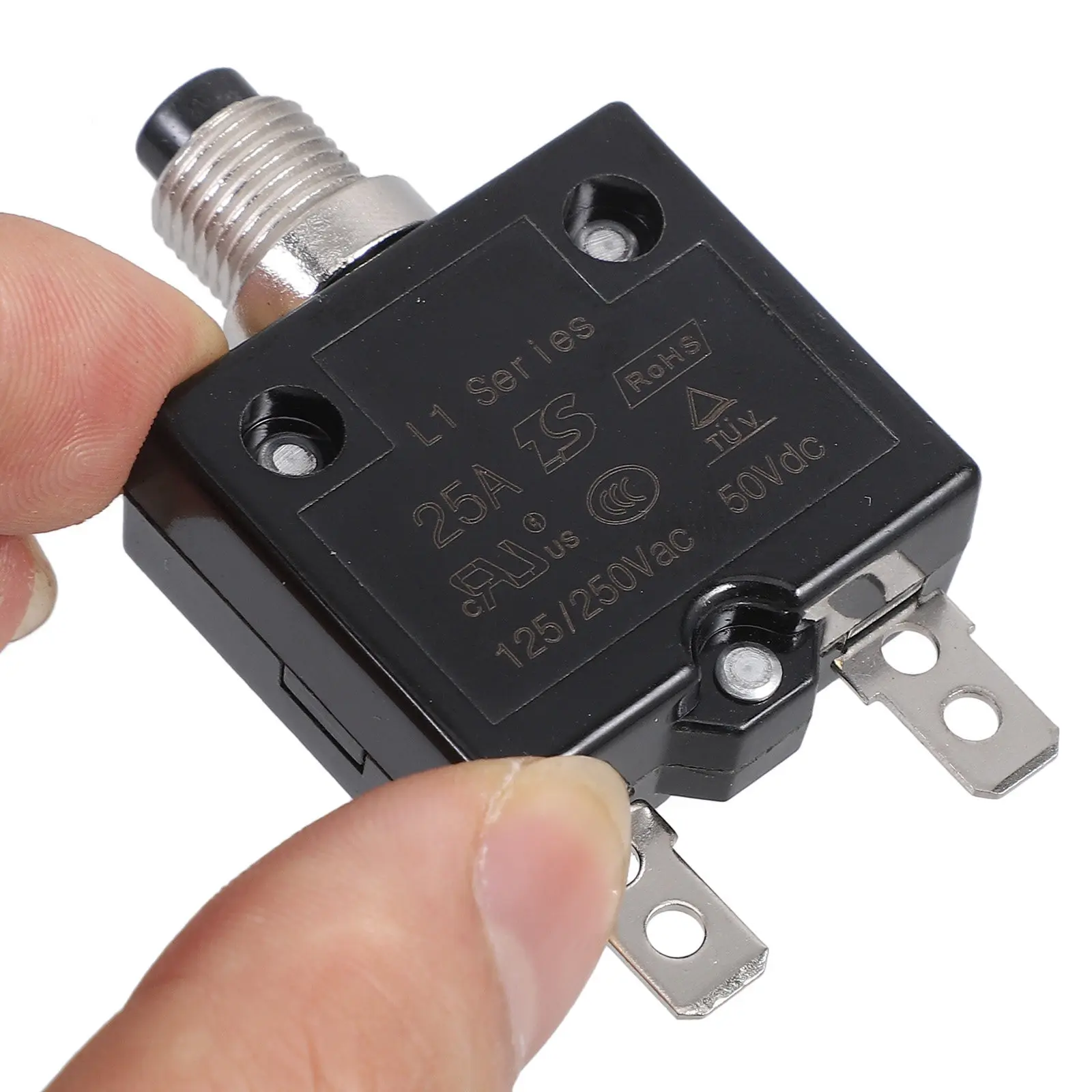 Manual Reset Thermal Circuit Breaker Overload Protector Push Button 125-250V Ac 50V Dc 25A Circuit Breaker for Car Marine Rv
Manual Reset Thermal Circuit Breaker Overload Protector Push Button 125-250V Ac 50V Dc 25A Circuit Breaker for Car Marine Rv