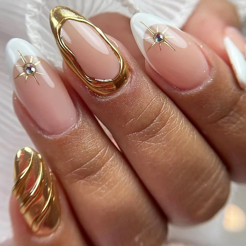 24PCS Luxury Golden 3D Star Ripples Almond Werable False Nails Retro Simple White French Fake Nails High-quality Nails Press On
24PCS Luxury Golden 3D Star Ripples Almond Werable False Nails Retro Simple White French Fake Nails High-quality Nails Press On