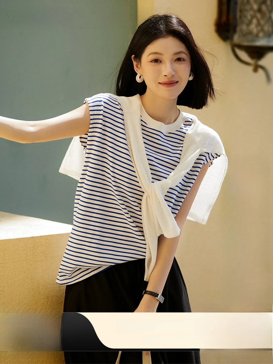 Xhange Classic Blue White Stripes Sleeveless Loose Fit round Neck T-Shirt Women's Summer Casual Cotton Top OL Style
Xhange Classic Blue White Stripes Sleeveless Loose Fit round Neck T-Shirt Women's Summer Casual Cotton Top OL Style