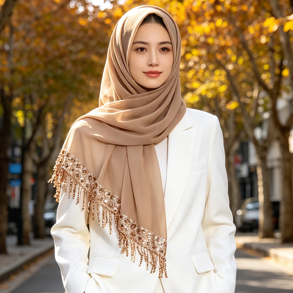 New Luxury Sequin Fringed Chiffon Long Scarf Women Elegant Wrap Headscarf Muslim Hijab Shawls Turban Bandanas Headband Bufanda
New Luxury Sequin Fringed Chiffon Long Scarf Women Elegant Wrap Headscarf Muslim Hijab Shawls Turban Bandanas Headband Bufanda