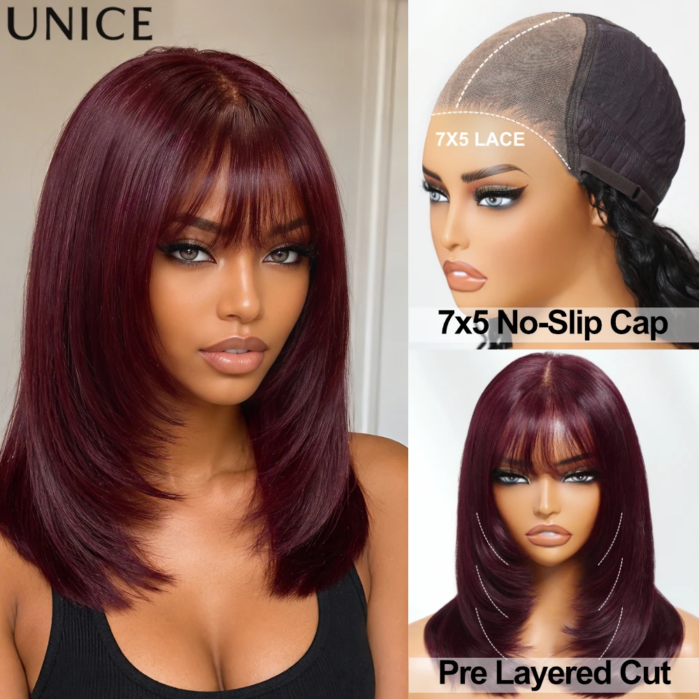 UNice No-Slip 7x5 Lace Black Cherry Layered Cut Straight Bob Wig With Bangs Pre Cut Pre Bleached Glueless 100% Human Hair Wigs
UNice No-Slip 7x5 Lace Black Cherry Layered Cut Straight Bob Wig With Bangs Pre Cut Pre Bleached Glueless 100% Human Hair Wigs
