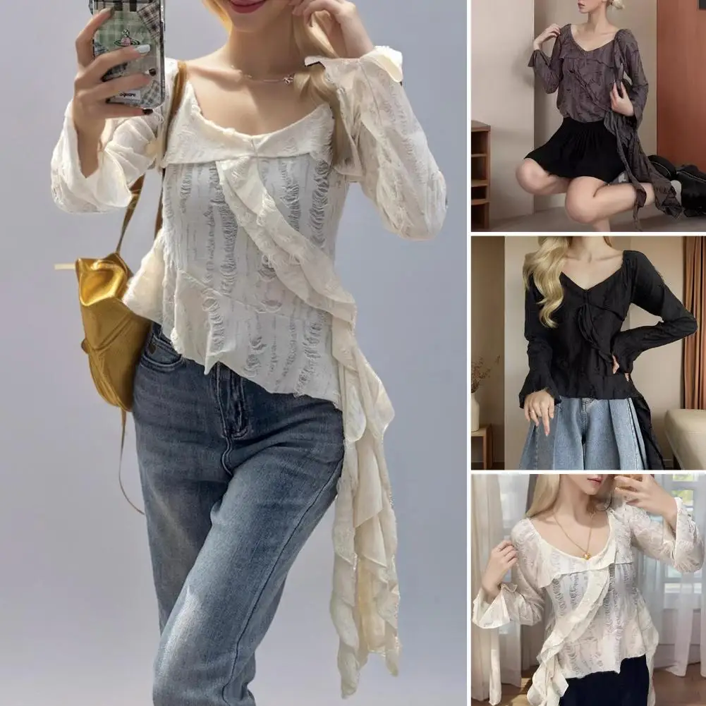 Women Tops V-Neck Irregular Hem Hole Design Blouse Hole Design T-shirt Long Sleeve Tee Shirt Ruffle Stitching Irregular T-Shirt
Women Tops V-Neck Irregular Hem Hole Design Blouse Hole Design T-shirt Long Sleeve Tee Shirt Ruffle Stitching Irregular T-Shirt