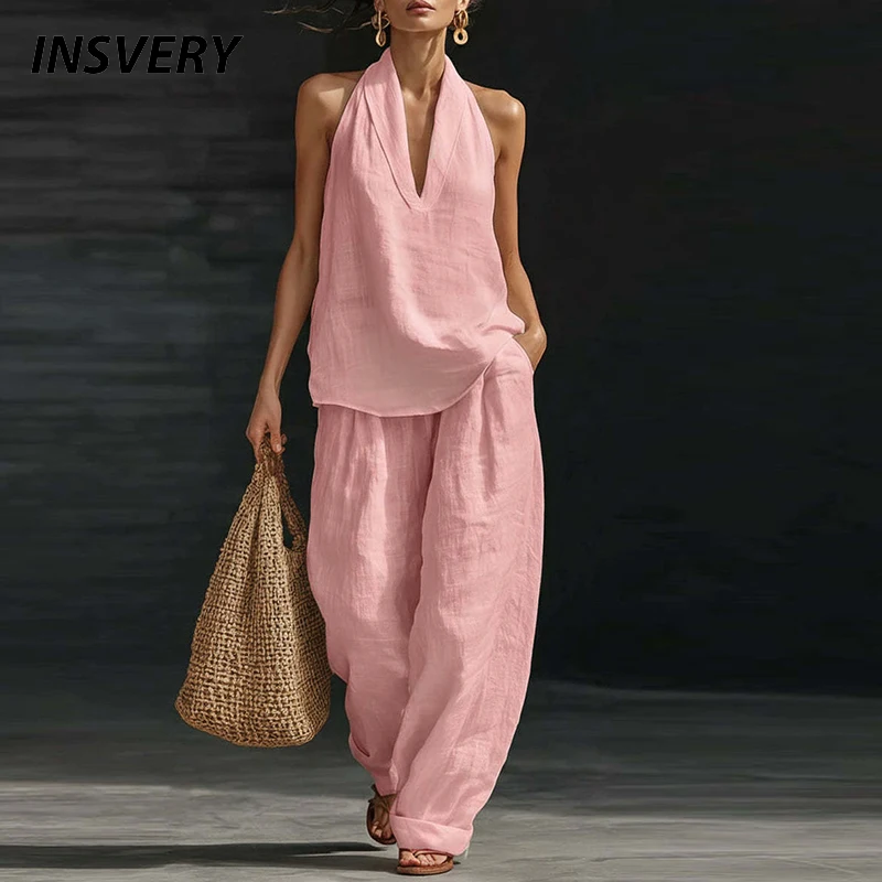 Summer Women Sleeveless Shirt Halter Vest High Waist Pocket Loose Pants Suit Women Casual Two Piece Female Loungewear Ses
Summer Women Sleeveless Shirt Halter Vest High Waist Pocket Loose Pants Suit Women Casual Two Piece Female Loungewear Ses