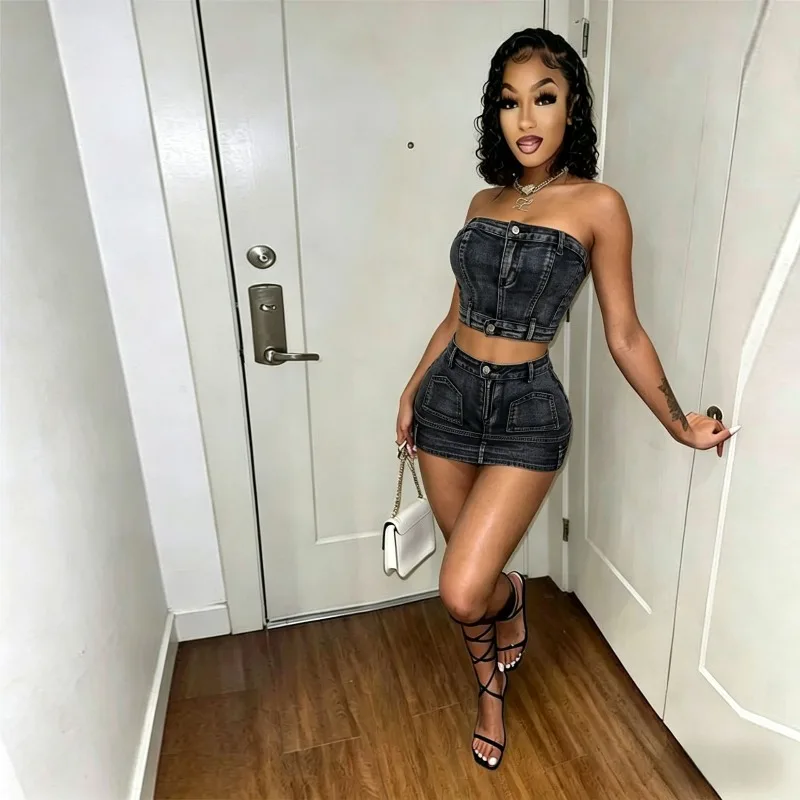 Fashion Stretch Denim 2 Piece Set Women Strapless Backless Tanks Crop Top + Button Fly Bodycon Mini Skirts Jeans Streetwear Suit
Fashion Stretch Denim 2 Piece Set Women Strapless Backless Tanks Crop Top + Button Fly Bodycon Mini Skirts Jeans Streetwear Suit