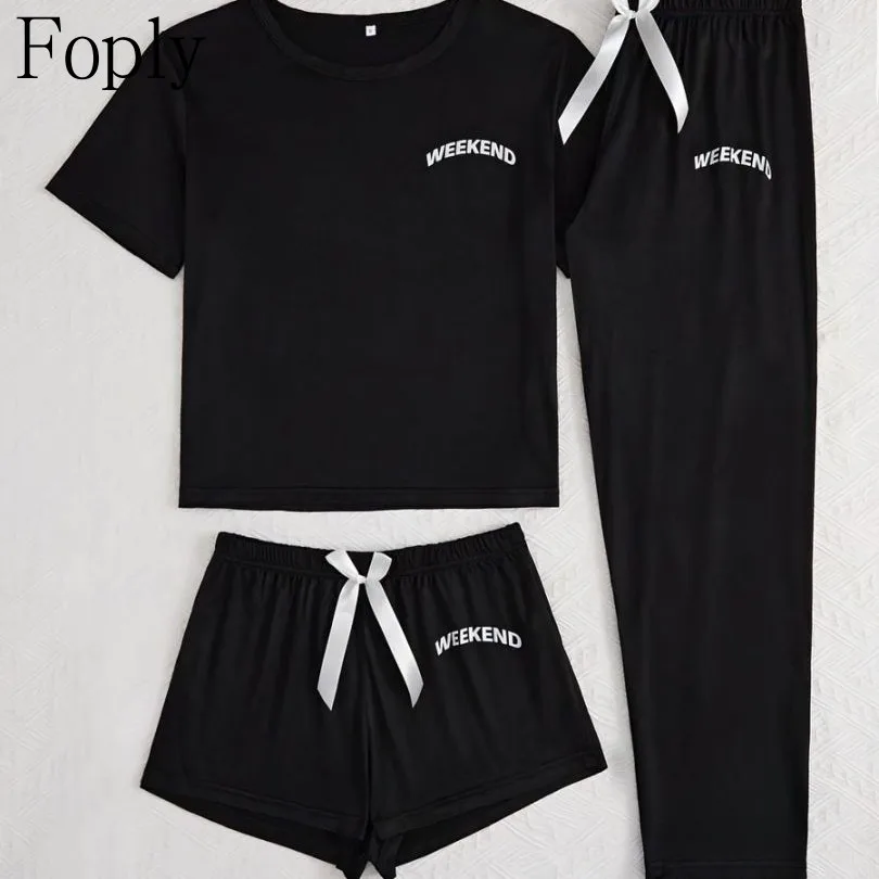 Weekend Letter Print Woman Pyjamas Spring Summer 3 Piece Pajama Sleepwear Short Sleeve Pants Shorts Pijama Mujer Pjs Loungewear
Weekend Letter Print Woman Pyjamas Spring Summer 3 Piece Pajama Sleepwear Short Sleeve Pants Shorts Pijama Mujer Pjs Loungewear