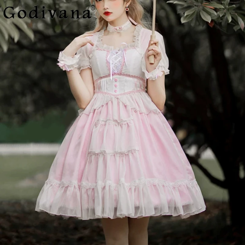 Spring Summer Sweet Ruffles Square Collar Women Short Sleeve Lolita Dress High Waist A-line Age-reducing Cake Princess Dresses
Spring Summer Sweet Ruffles Square Collar Women Short Sleeve Lolita Dress High Waist A-line Age-reducing Cake Princess Dresses