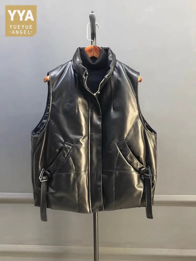 Fashion Women Thick Padded Sheepskin Genuine Leather Vest Top Sleeveless Jacket Casual Pockets Stand Collar Streetwear Waistcoat
Fashion Women Thick Padded Sheepskin Genuine Leather Vest Top Sleeveless Jacket Casual Pockets Stand Collar Streetwear Waistcoat