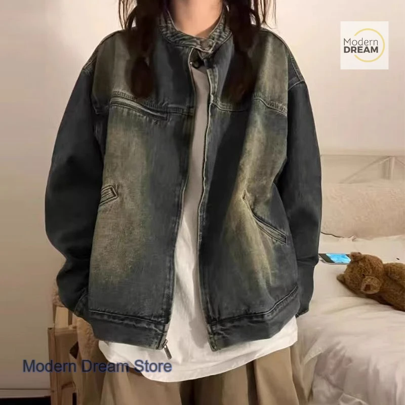 American retro old stand-up collar denim jacket women's autumn and winter new loose fashion temperament high sense casual top 
American retro old stand-up collar denim jacket women's autumn and winter new loose fashion temperament high sense casual top