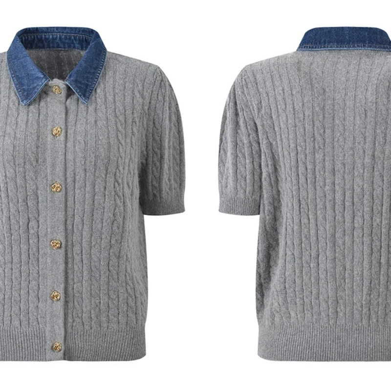Grey Knitted Top Denim Polo Collar Single-breasted String Pattern Short-sleeved Fashionable and Versatile 2025 Summer New Style
Grey Knitted Top Denim Polo Collar Single-breasted String Pattern Short-sleeved Fashionable and Versatile 2025 Summer New Style