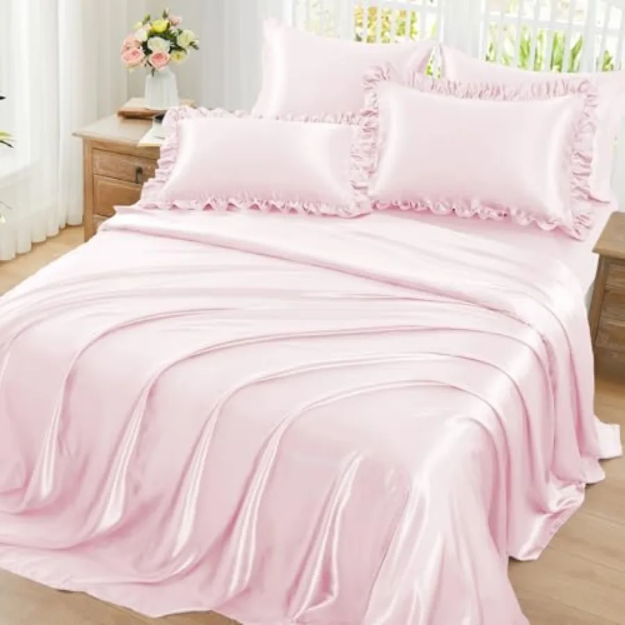 Ruffled Satin Sheets Size 6pc Set - Bed Sheet Set with 15 Inch Deep Pocket Fitted Sheet, 1 Flat Sheet, 2 Ruffled Pillow Shams a
Ruffled Satin Sheets Size 6pc Set - Bed Sheet Set with 15 Inch Deep Pocket Fitted Sheet, 1 Flat Sheet, 2 Ruffled Pillow Shams a