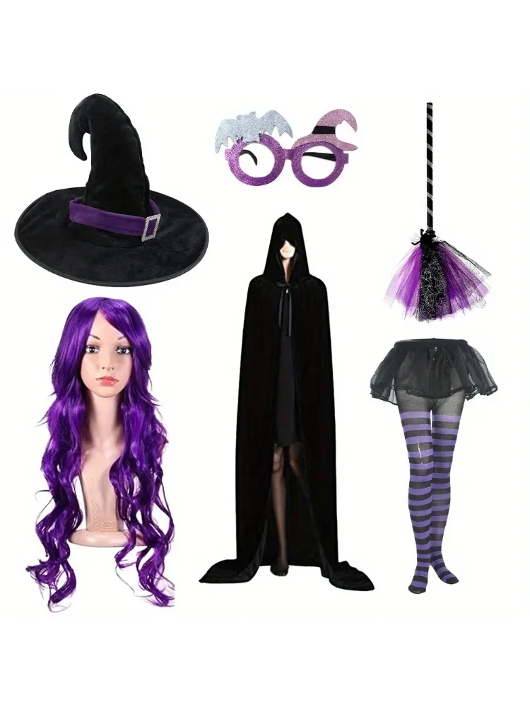 PESENAR Adult Women Halloween Witch Costume Set Hood Cloak Dress Choker Broom Striped High Socks Wizard Hat Wig
PESENAR Adult Women Halloween Witch Costume Set Hood Cloak Dress Choker Broom Striped High Socks Wizard Hat Wig
