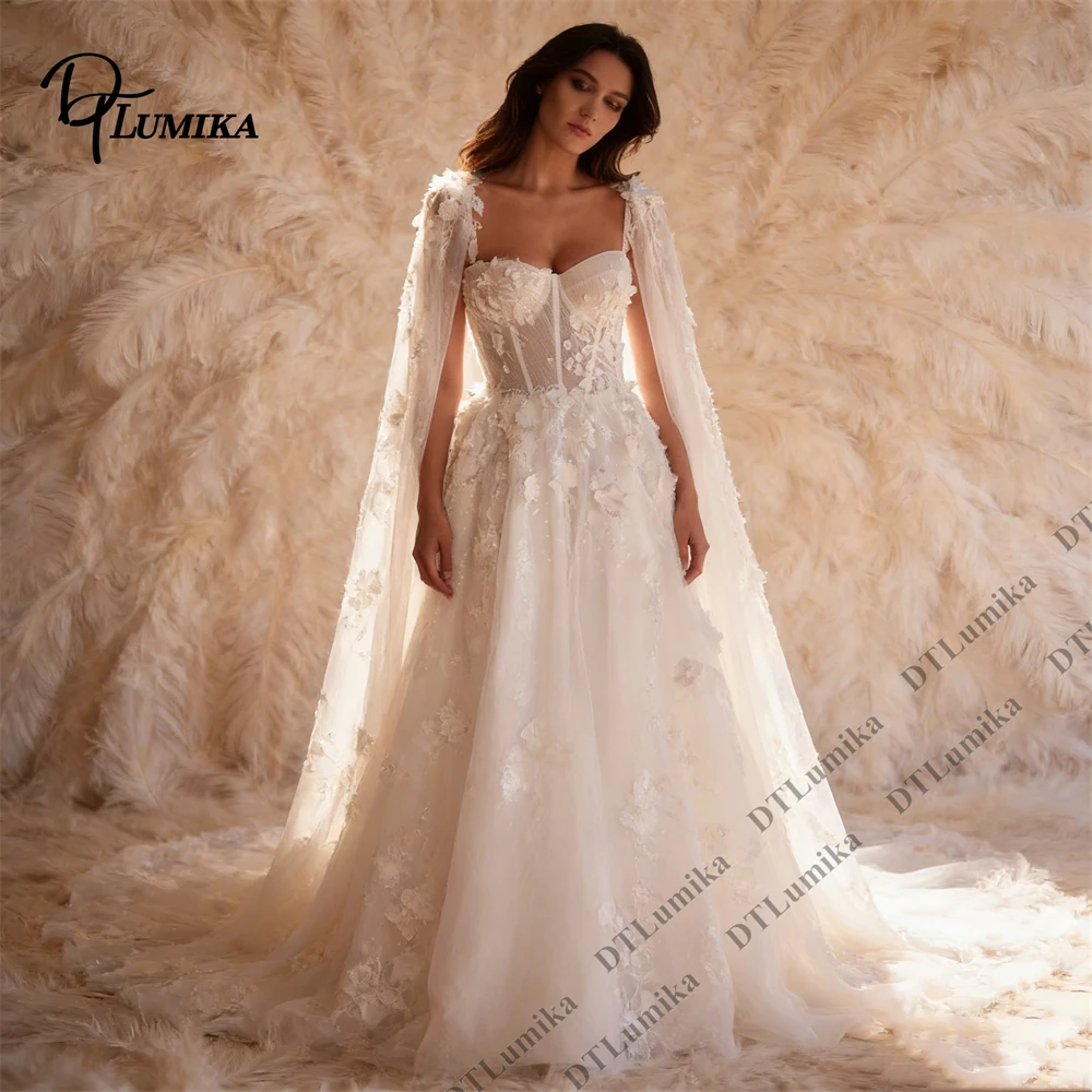 Bridal Gown with Detachable Cape, Sweetheart Illusion Neckline 3D Floral Lace Overlay Wedding Dresses Tulle Skirt Sweep Train
Bridal Gown with Detachable Cape, Sweetheart Illusion Neckline 3D Floral Lace Overlay Wedding Dresses Tulle Skirt Sweep Train