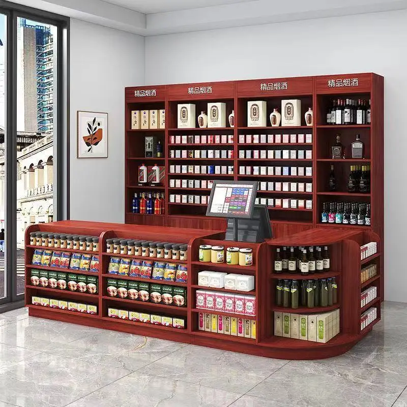Supermarket convenience store checkout page Tobacco and wine cabinet combination store corner counter bar counter 
Supermarket convenience store checkout page Tobacco and wine cabinet combination store corner counter bar counter