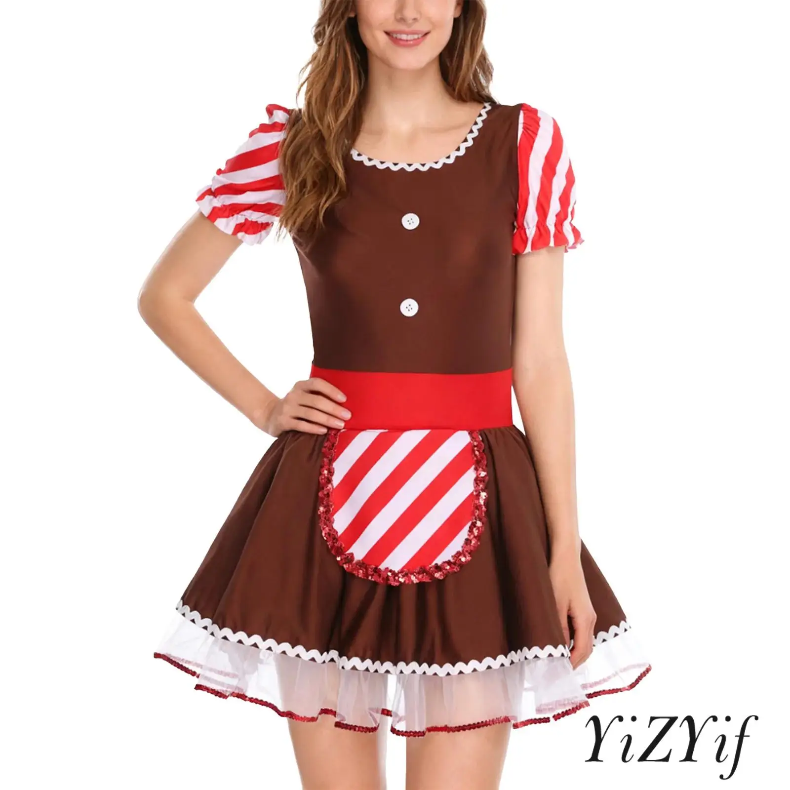 Women Gingerbread Man Christmas Costume Tutu Dress Boat Neckline Puffy Short Sleeve Wave Braided Tape Trim Xmas Party Dress
Women Gingerbread Man Christmas Costume Tutu Dress Boat Neckline Puffy Short Sleeve Wave Braided Tape Trim Xmas Party Dress