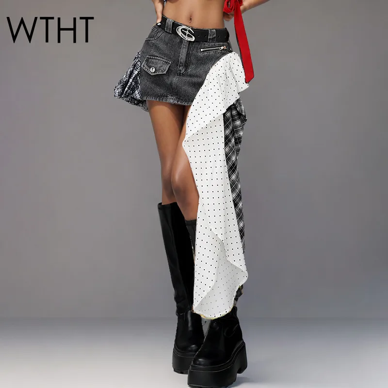 WTHT Vintage Women's Irregular Spliced Ribbon Mini Denim Skirts Fashion 2025 Summer Hip-wrapping A-line Skirt Female 1LS1866
WTHT Vintage Women's Irregular Spliced Ribbon Mini Denim Skirts Fashion 2025 Summer Hip-wrapping A-line Skirt Female 1LS1866