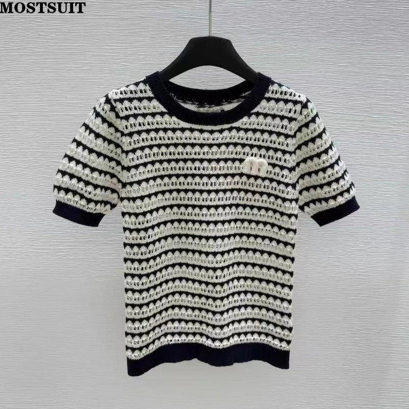 2025 Summer Striped Knit Sweater Tees Women Letter Embroidery Short Sleeve Tops Knitwear Vintage Elegant Fashion Stylish Jumpers
2025 Summer Striped Knit Sweater Tees Women Letter Embroidery Short Sleeve Tops Knitwear Vintage Elegant Fashion Stylish Jumpers
