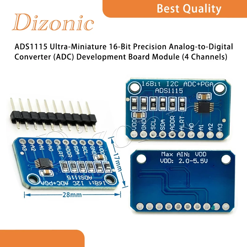Dizonic ADS1115 Ultra-Miniature 16-Bit Precision Analog-to-Digital Converter (ADC) Development Board Module (4 Channels)
Dizonic ADS1115 Ultra-Miniature 16-Bit Precision Analog-to-Digital Converter (ADC) Development Board Module (4 Channels)