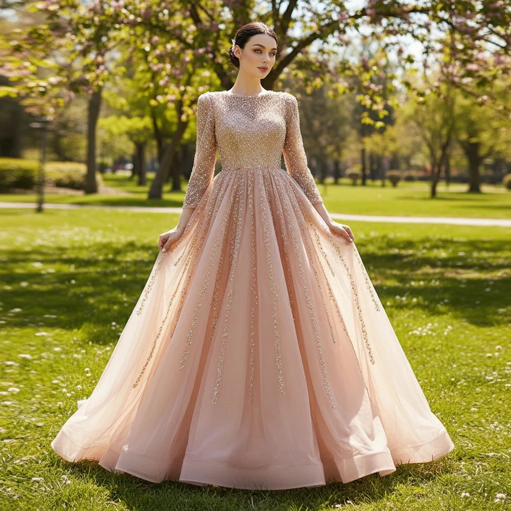 Rosymae Высококачественное бальное платье с длинными рукавами Вечернее пышное платье с жемчугом и бисером Элегантное бледно-розовое вечернее платье для свадебного гостя
Rosymae Высококачественное бальное платье с длинными рукавами Вечернее пышное платье с жемчугом и бисером Элегантное бледно-розовое вечернее платье для свадебного гостя