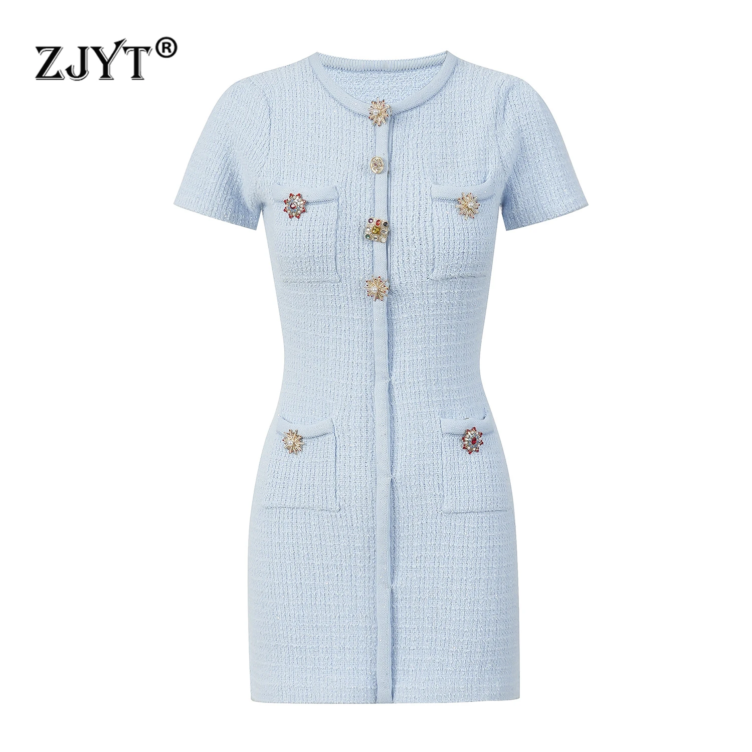 ZJYT Summer New Women's Knit Dress Blue Elegant Short Sleeve O Neck Casual Knitwears Vestidos Sheath Mini Party Dresses Ladies
ZJYT Summer New Women's Knit Dress Blue Elegant Short Sleeve O Neck Casual Knitwears Vestidos Sheath Mini Party Dresses Ladies