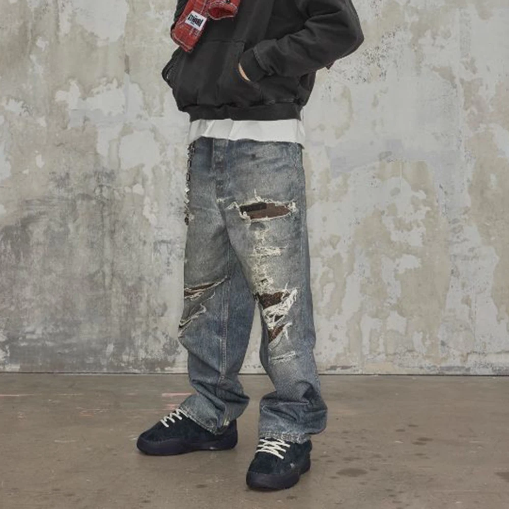 Mens Jeans Ripped Patch Casual Pants Streetwear American Retro Fashion All-Match Personality Wide-Leg Pants Men'S Clothing 2025
Mens Jeans Ripped Patch Casual Pants Streetwear American Retro Fashion All-Match Personality Wide-Leg Pants Men'S Clothing 2025