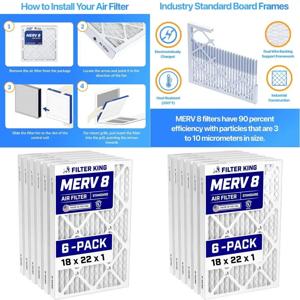 6-Pack 18x22x1 MERV 8 Air Filters - Dust & Allergy Control - USA Made HVAC Pleated Filters
6-Pack 18x22x1 MERV 8 Air Filters - Dust & Allergy Control - USA Made HVAC Pleated Filters