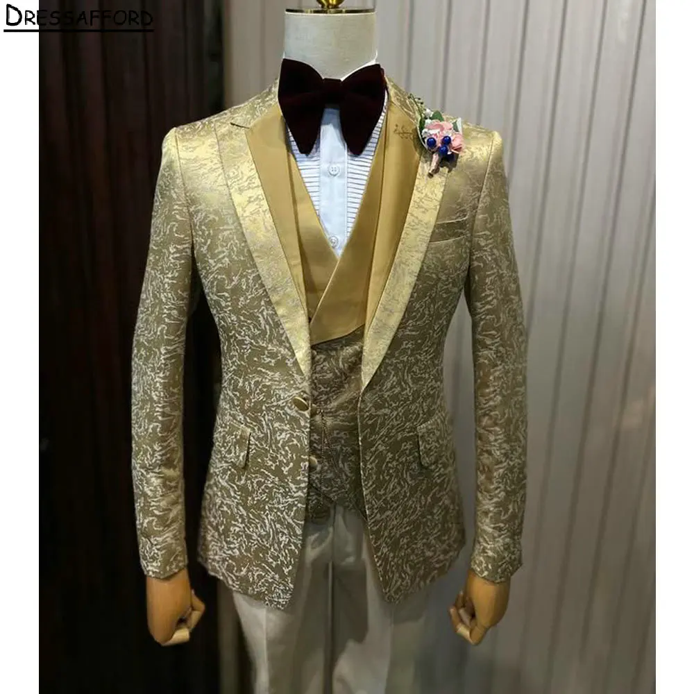 Gold Jacquard Men Business Formal Occasion Tuxedos Grooms Wedding Party Prom Male Suit 3 Piece Set Blazer Vest Pants
Gold Jacquard Men Business Formal Occasion Tuxedos Grooms Wedding Party Prom Male Suit 3 Piece Set Blazer Vest Pants