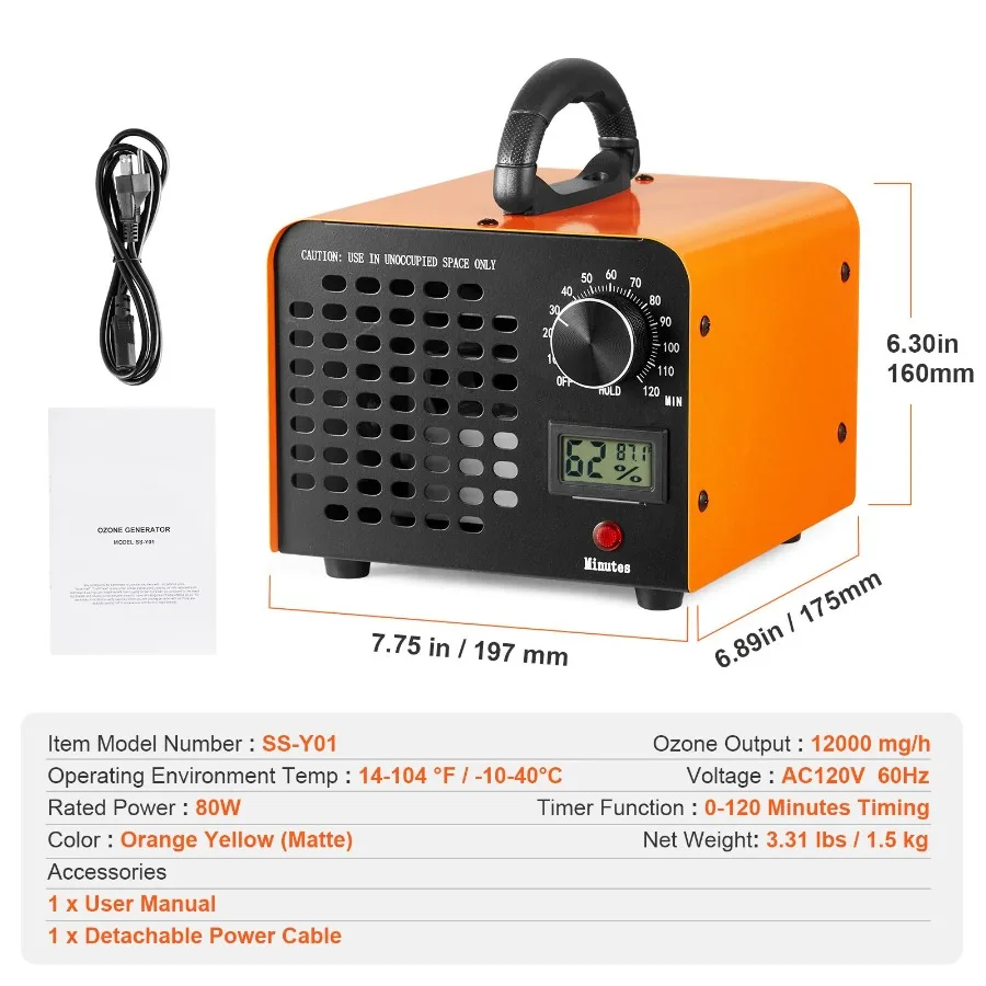 12000mg/h High Capacity Ozone Generator for Commercial/Industrial Use Air Ionizer Deodorizer with 0-120min Timer Black Removes
12000mg/h High Capacity Ozone Generator for Commercial/Industrial Use Air Ionizer Deodorizer with 0-120min Timer Black Removes