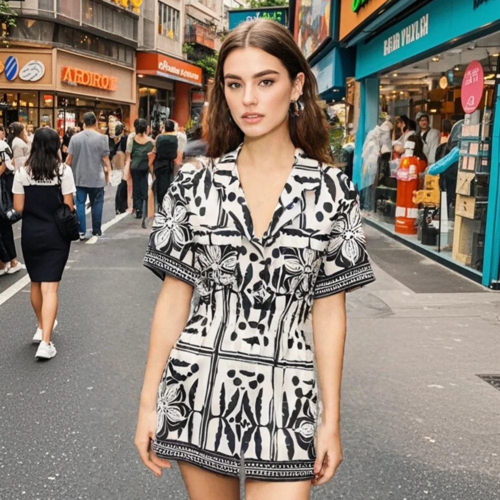 2025 New Arrival Women's Short Sleeve Collared Jumpsuit with All over Unique Pattern Elastic Waist for Comfortable Wear
2025 New Arrival Women's Short Sleeve Collared Jumpsuit with All over Unique Pattern Elastic Waist for Comfortable Wear