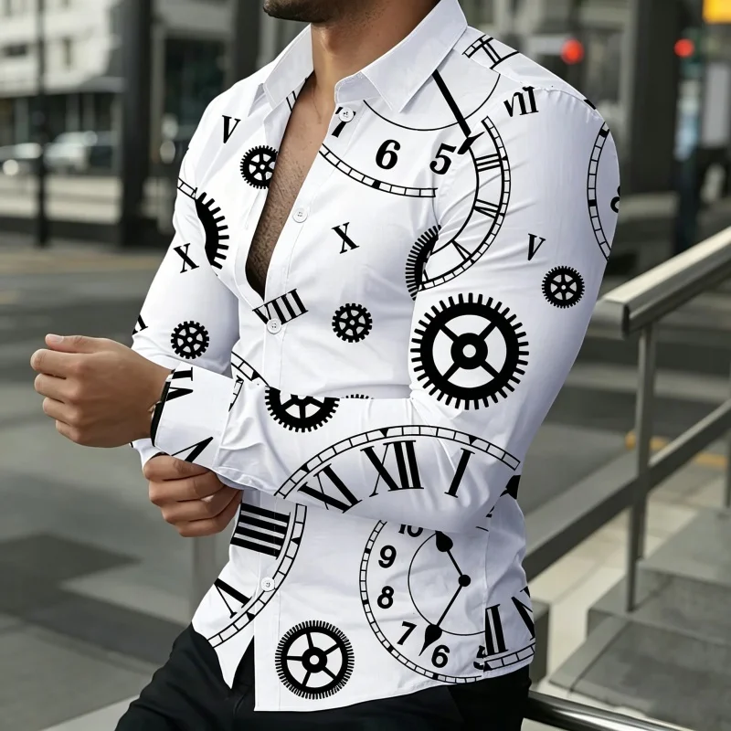 Men's shirt with collar and long sleeves, personalized clock gear print, slim fit, fashionable and trendy outdoor casual top
Men's shirt with collar and long sleeves, personalized clock gear print, slim fit, fashionable and trendy outdoor casual top