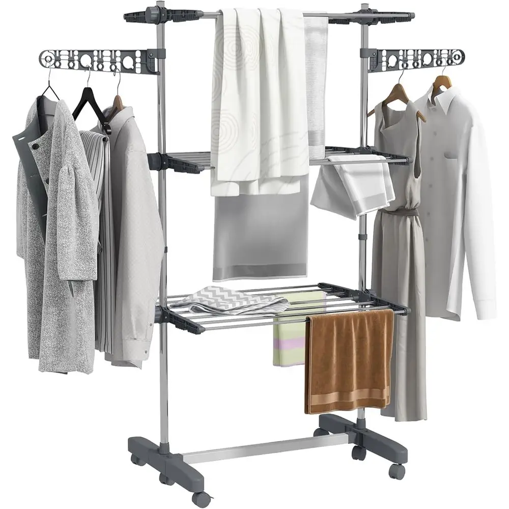 Space-Saving Stainless Steel & Plastic Clothes Airer with 6 Wheels, Hooks, 3 Adjustable Shelves, 142x55x152 cm, Silver Grey
Space-Saving Stainless Steel & Plastic Clothes Airer with 6 Wheels, Hooks, 3 Adjustable Shelves, 142x55x152 cm, Silver Grey