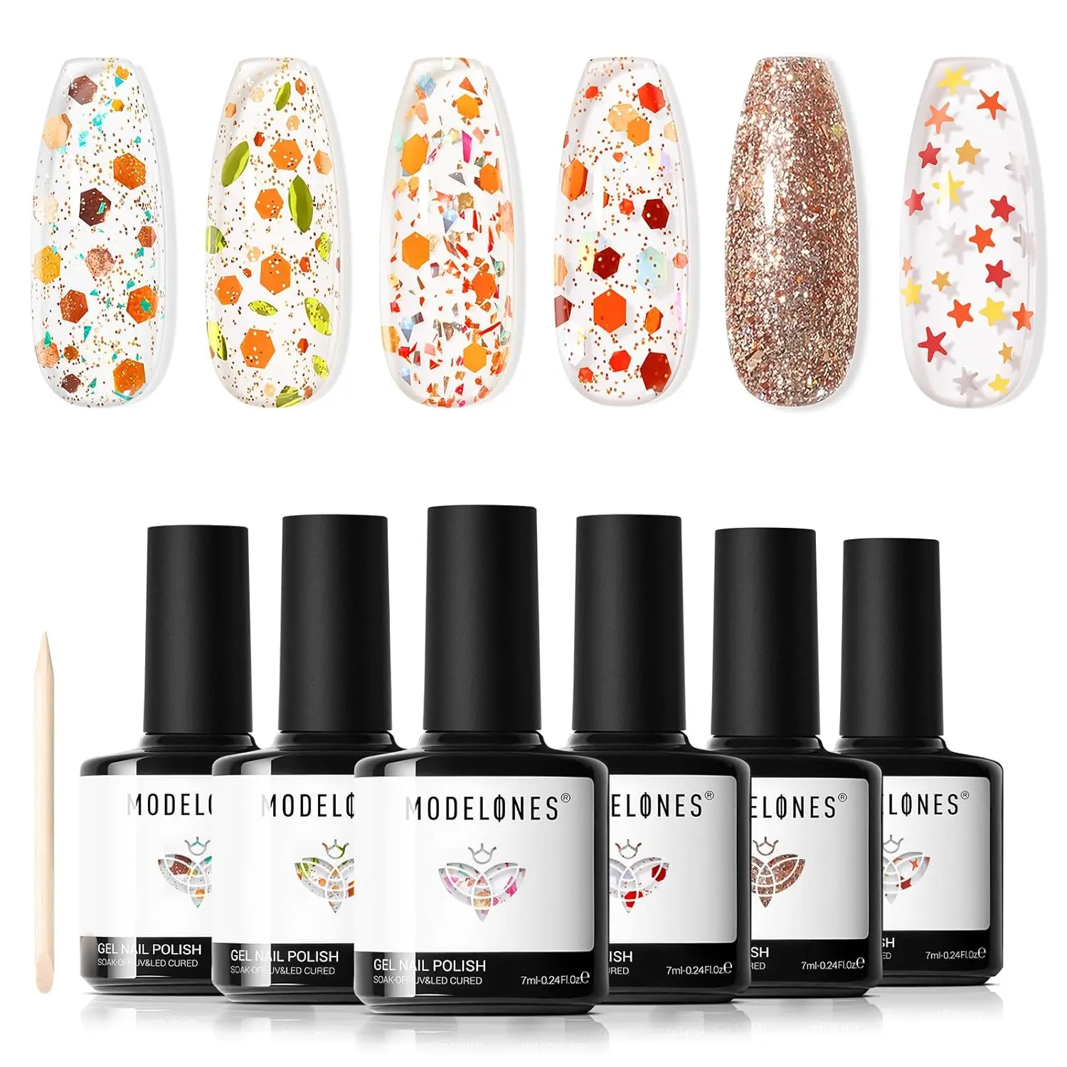 modelones Glitter Gel Nail Polish Set, 6 Colors Geometric Shapes Star Gold Glitter Ornament Gel Polish Collection with Wooden
modelones Glitter Gel Nail Polish Set, 6 Colors Geometric Shapes Star Gold Glitter Ornament Gel Polish Collection with Wooden