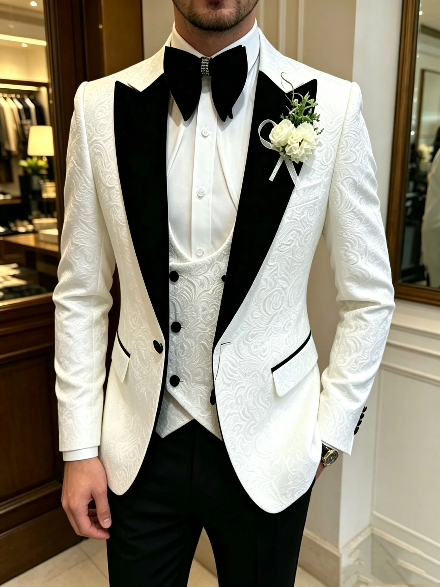 Ivory Jacquard 3 Pieces Men Suits Peak Lapel Jacket Business Wedding Groom Tuxedos Slim Fit Blazer Vest Pants for Prom Party
Ivory Jacquard 3 Pieces Men Suits Peak Lapel Jacket Business Wedding Groom Tuxedos Slim Fit Blazer Vest Pants for Prom Party