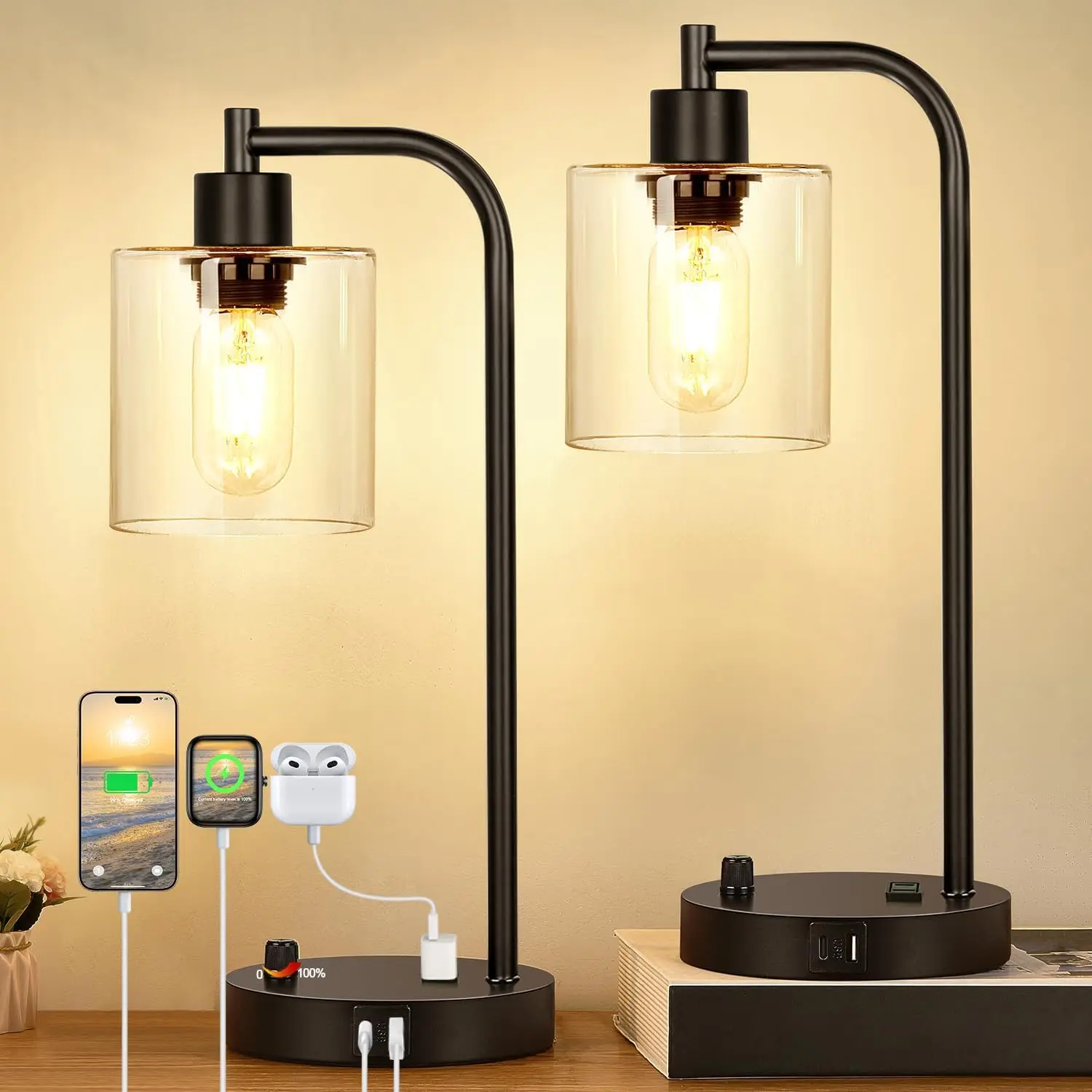 Set of 2 Dimmable USB Table Lamps with Clear Glass Shade for Bedroom, Office, and Living Room
Set of 2 Dimmable USB Table Lamps with Clear Glass Shade for Bedroom, Office, and Living Room