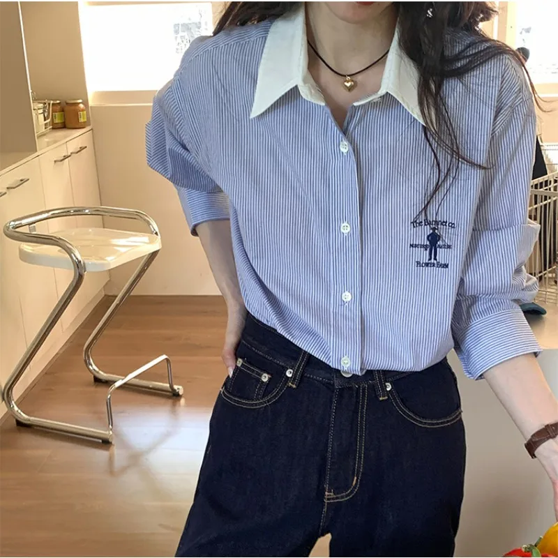 Embroidered Blue Striped Shirts for Women Cotton Autumn Blouses Korean Style Casual All-match Pink Tops Color Matching Clothing
Embroidered Blue Striped Shirts for Women Cotton Autumn Blouses Korean Style Casual All-match Pink Tops Color Matching Clothing