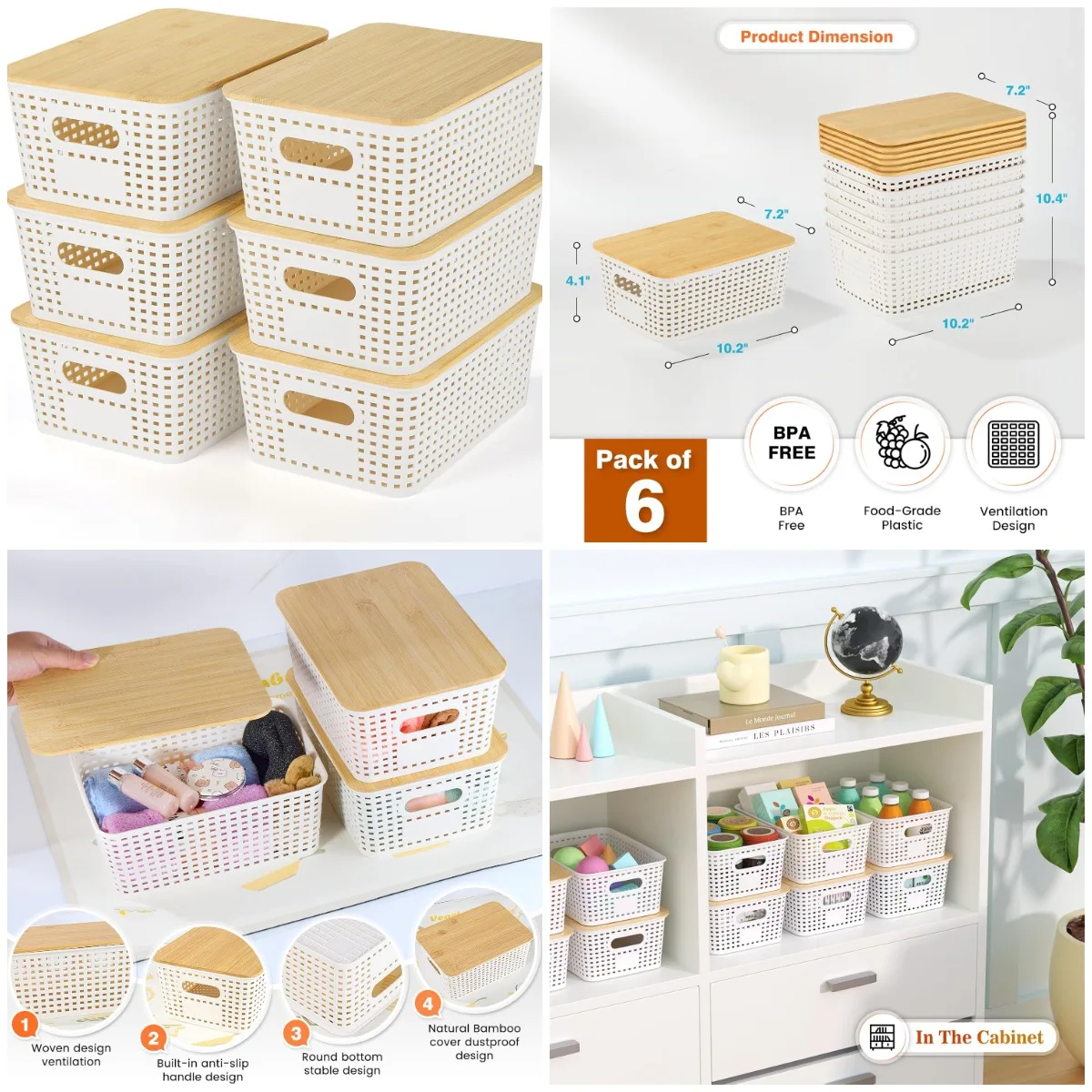 Plastic Storage Baskets with Bamboo Lid - Stackable Organizing Bins, 6 Pack for Shelves, Drawers, Office, Playroom
Plastic Storage Baskets with Bamboo Lid - Stackable Organizing Bins, 6 Pack for Shelves, Drawers, Office, Playroom