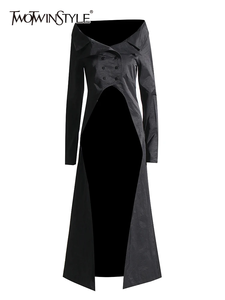 TWOTWINSTYLE Solid Temperament Coats For Women V Neck Long Sleeve Patchwork Double Breasted Long Coat Female Fashion Clothing
TWOTWINSTYLE Solid Temperament Coats For Women V Neck Long Sleeve Patchwork Double Breasted Long Coat Female Fashion Clothing