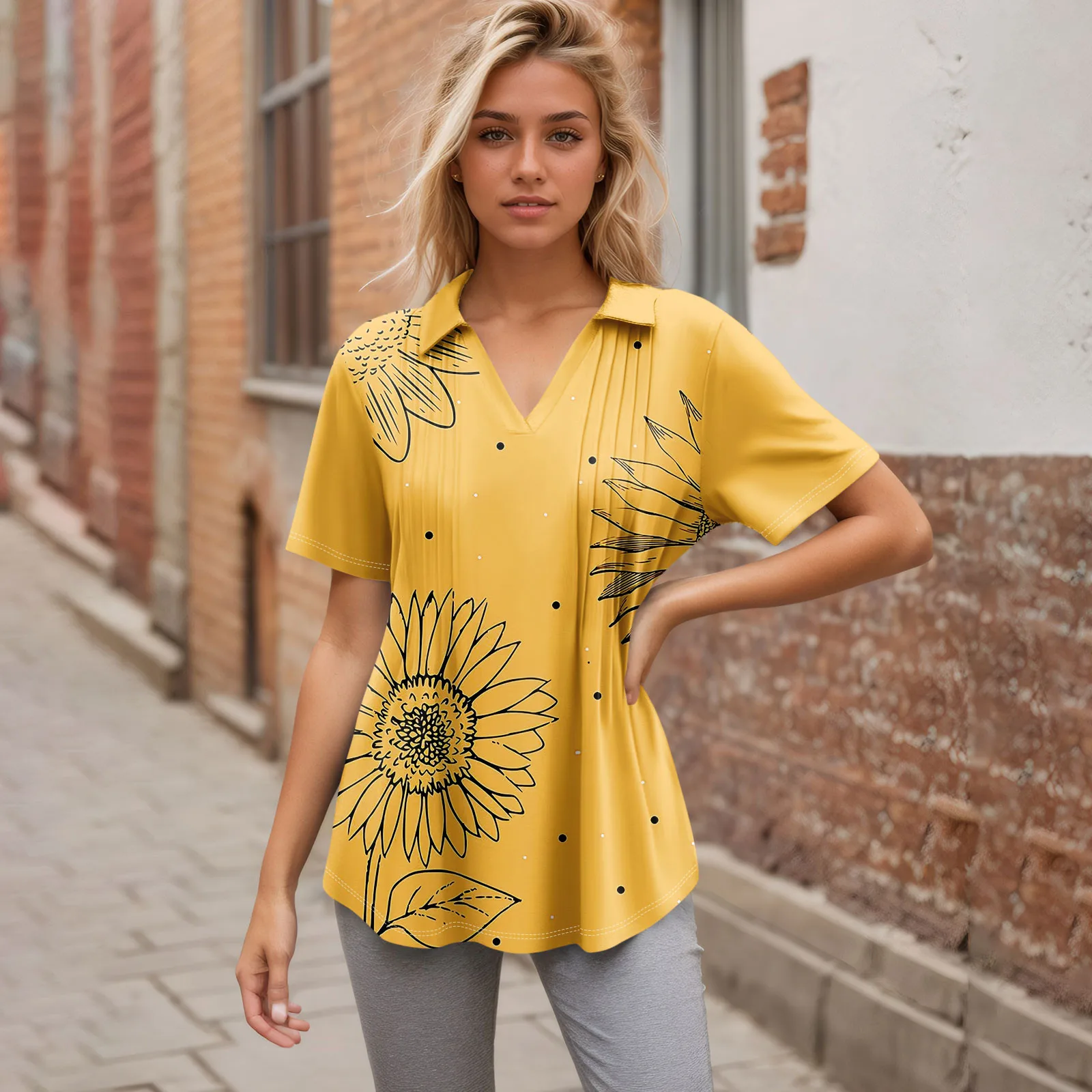 2025 Polo Shirts Woman New Short Sleeve T Shirts Pleated V Neck Printing Tee Collared Summer Tops Casual Work Clothing Female
2025 Polo Shirts Woman New Short Sleeve T Shirts Pleated V Neck Printing Tee Collared Summer Tops Casual Work Clothing Female