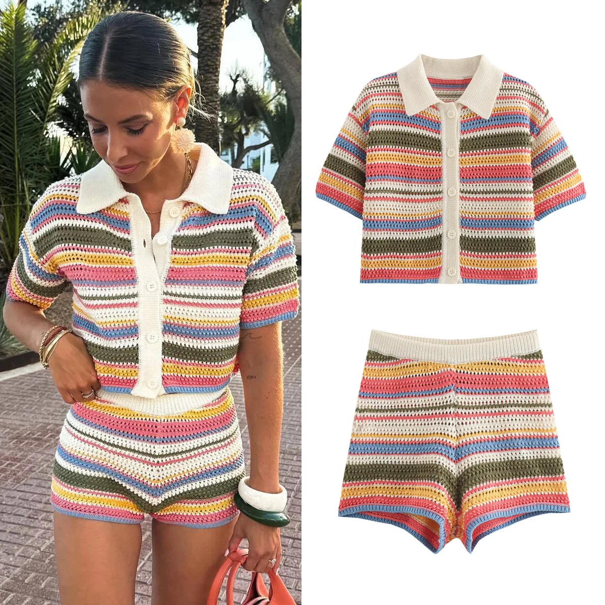 New Women's Crocheted Polo Shirt Collar Top Striped Crochet Shorts Fashion Handmade Crochet Sexy Beach Shorts Casual Shorts
New Women's Crocheted Polo Shirt Collar Top Striped Crochet Shorts Fashion Handmade Crochet Sexy Beach Shorts Casual Shorts