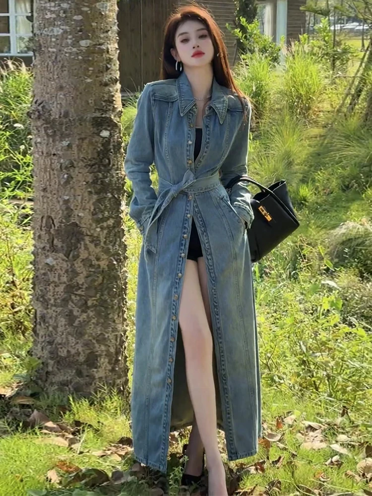 Retro Single Breasted Denim Jacket Turndown Collar Long Windbreaker Women's Spring Autumn New Style Temperament Lace Up Coat
Retro Single Breasted Denim Jacket Turndown Collar Long Windbreaker Women's Spring Autumn New Style Temperament Lace Up Coat