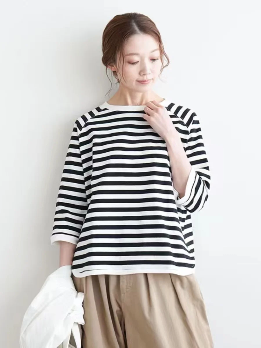 Pure Cotton Striped T-irt Casual Comfortable Base irt Seven Sve Women's Summer round Ne Loose Fit round Ne T-irt
Pure Cotton Striped T-irt Casual Comfortable Base irt Seven Sve Women's Summer round Ne Loose Fit round Ne T-irt